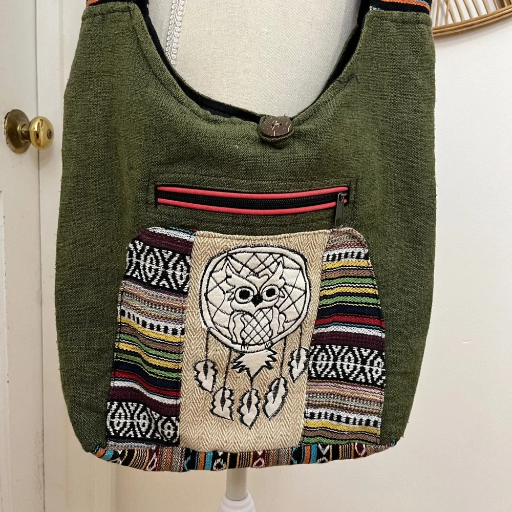 Rising International Owl Crossbody Bag NEW Hippie Boho Patchwork Festival Nepal